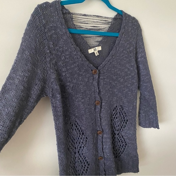 Ya Los Angeles 3/4 Sleeve Button Up V neck Open Crochet Sweater Cardigan size M - Picture 2 of 6